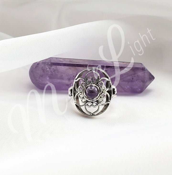 Sterling Silver Ring Lotus Amethyst Adjustable