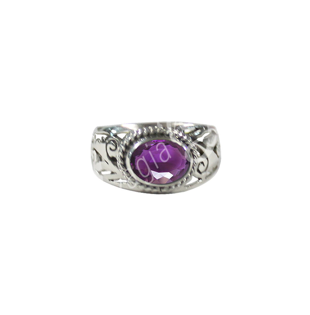 Sterling Silver Ring Big Jali Faceted Amethyst (size 9) 0.5″w
