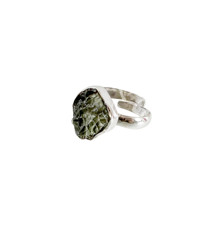 Sterling Silver Ring Natural Moldavite Adjustable 20mm dia.