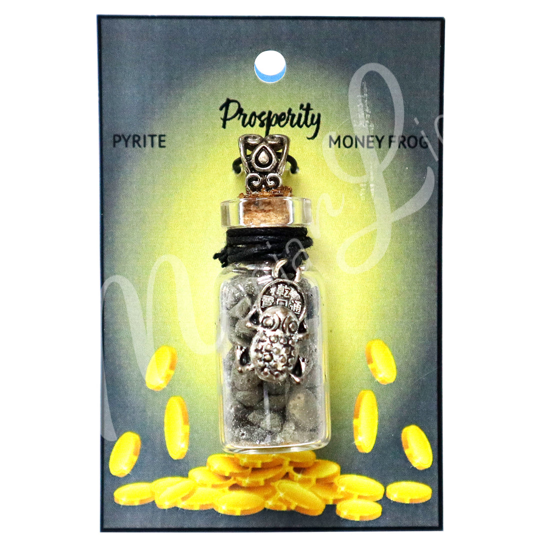 NECKLACE CHIPS STONES IN BOTTLE PYRITE WITH MONEY FROG 1.5″H