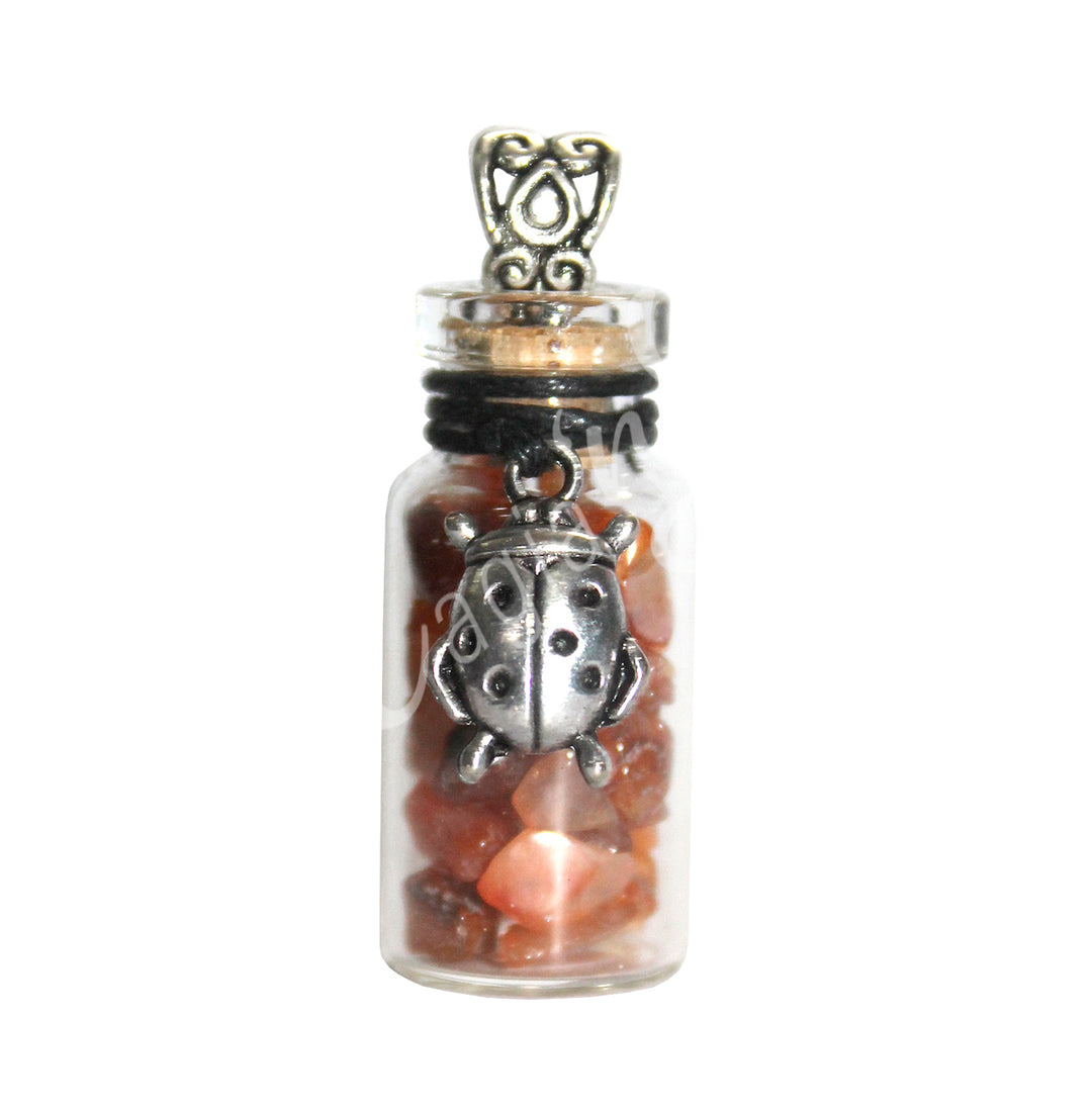 NECKLACE CHIPS STONES IN BOTTLE CARNELIAN WITH LADYBUG 1.5″H