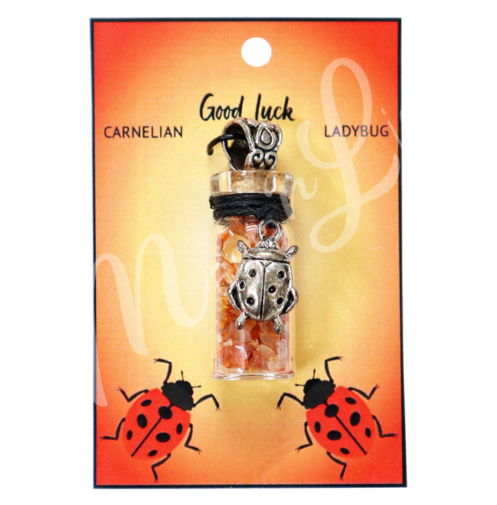 NECKLACE CHIPS STONES IN BOTTLE CARNELIAN WITH LADYBUG 1.5″H