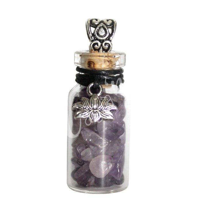 NECKLACE CHIPS STONES IN BOTTLE AMETHYST WITH LOTUS 1.5″H