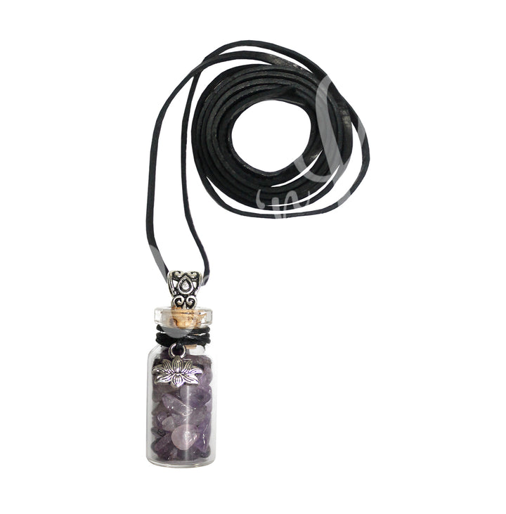 NECKLACE CHIPS STONES IN BOTTLE AMETHYST WITH LOTUS 1.5″H