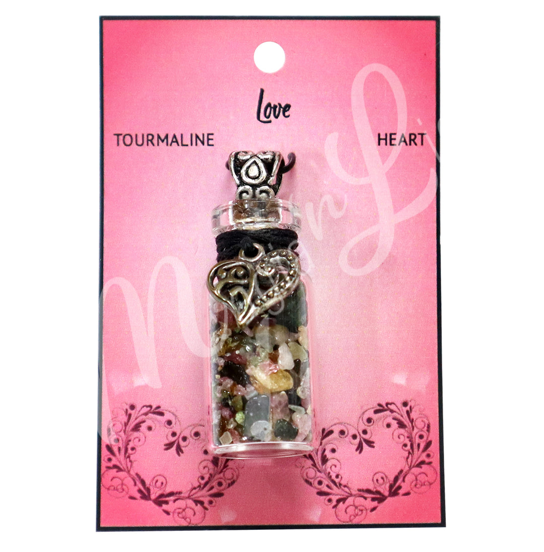 NECKLACE CHIPS STONES IN BOTTLE TOURMALINE, MIXED WITH HEART 1.5″H