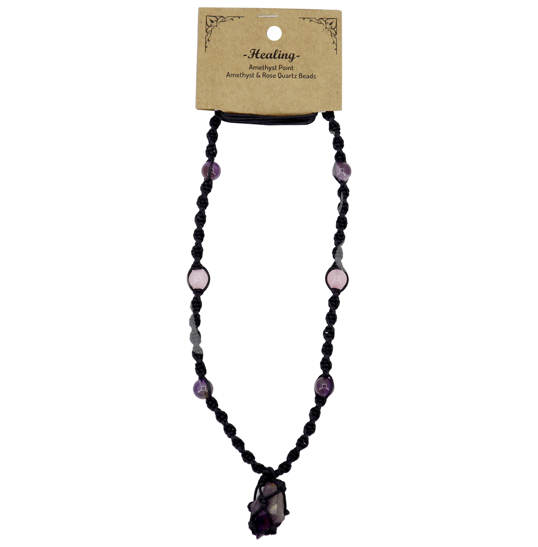 Necklace Healing Amethyst Beaded Cord 14-30"L