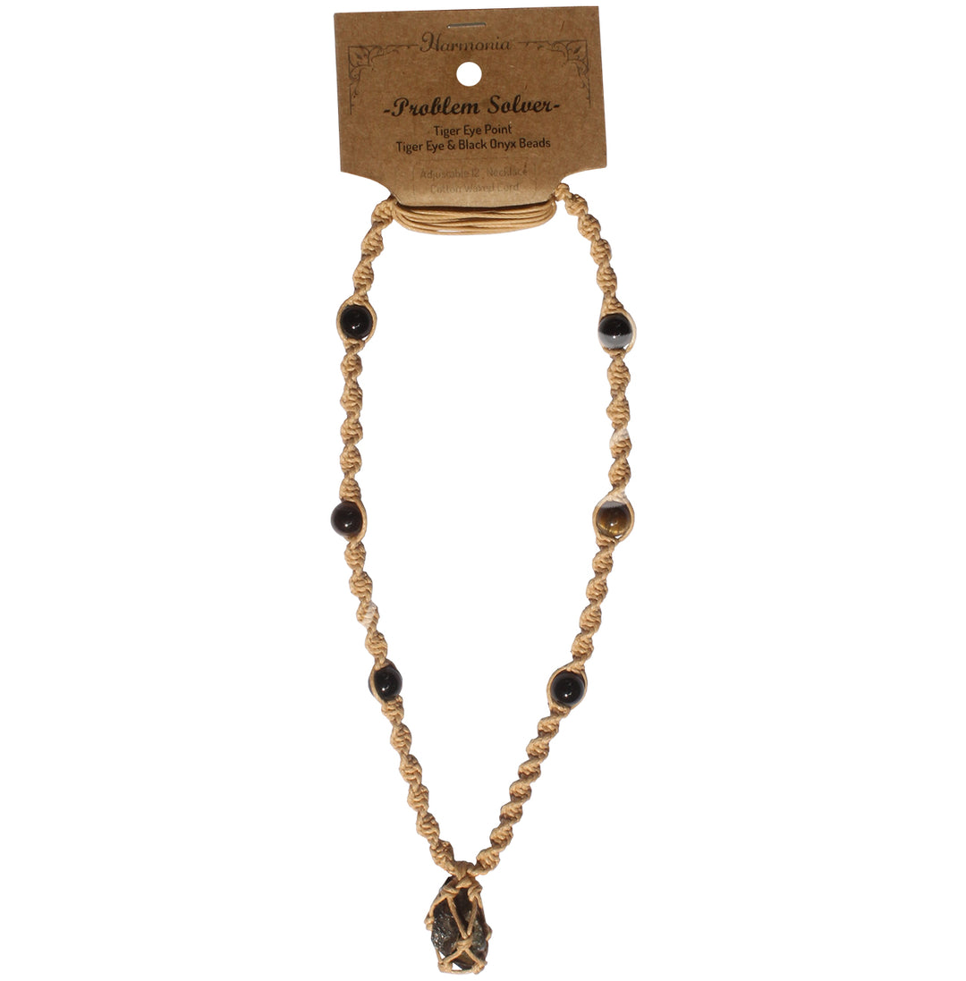 NECKLACE IN BEADED NET CORD TIGER EYE/PROBLEM SOLVER 14-30″L