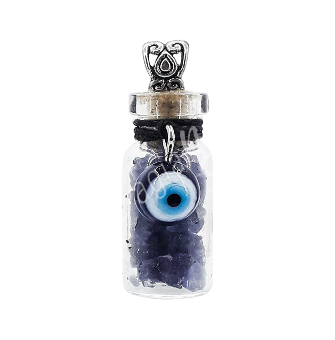 NECKLACE CHIPS STONES IN BOTTLE SAPPHIRE WITH EVIL EYE 1.5″H