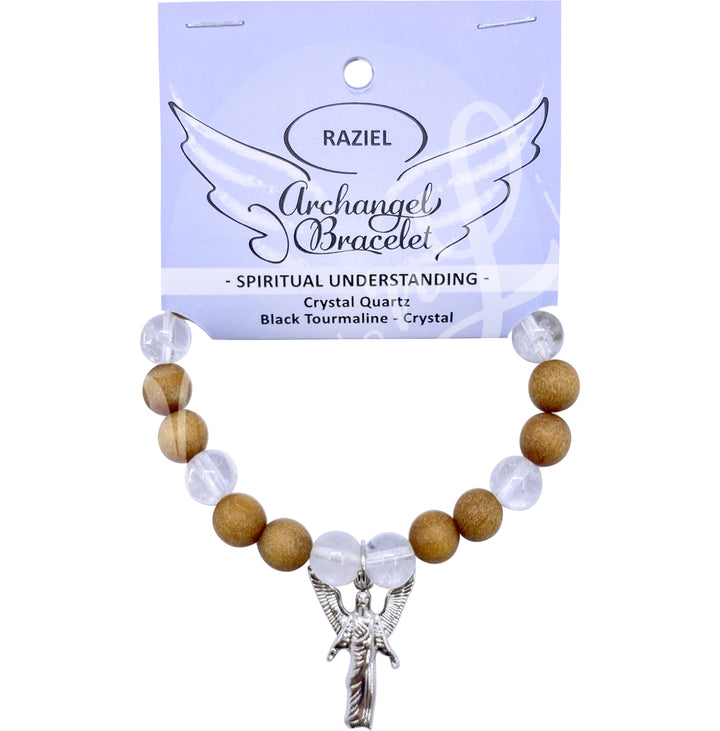 Bracelet Wood Archangel Raziel Spiritual Understanding Crystal Quartz (8-8.5mm) 7.15-7.25"