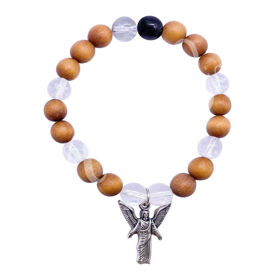 Bracelet Wood Archangel Raziel Spiritual Understanding Crystal Quartz (8-8.5mm) 7.15-7.25"