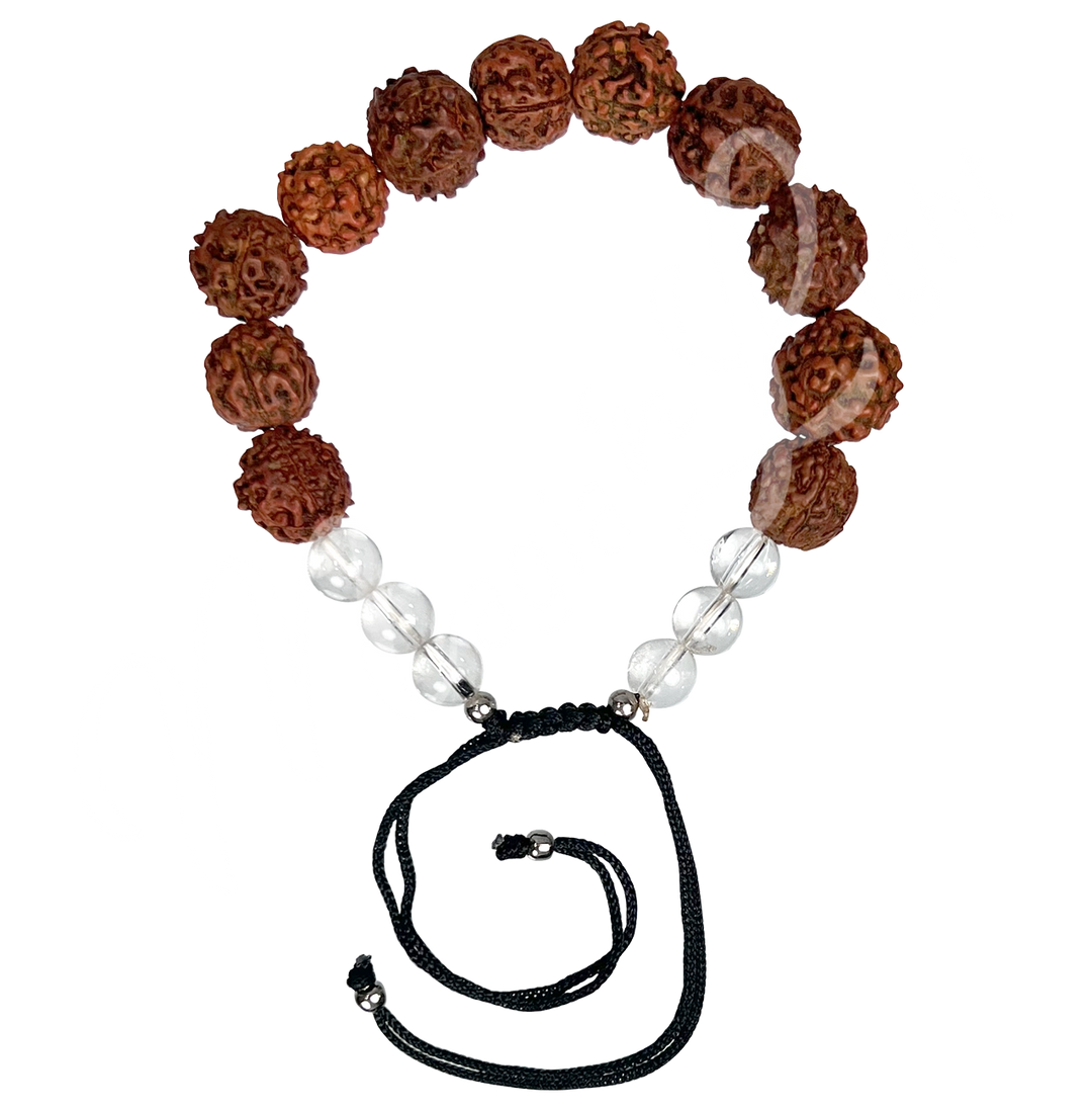 Bracelet Adjustable Rudraksha & Crystal Quartz (12mm)