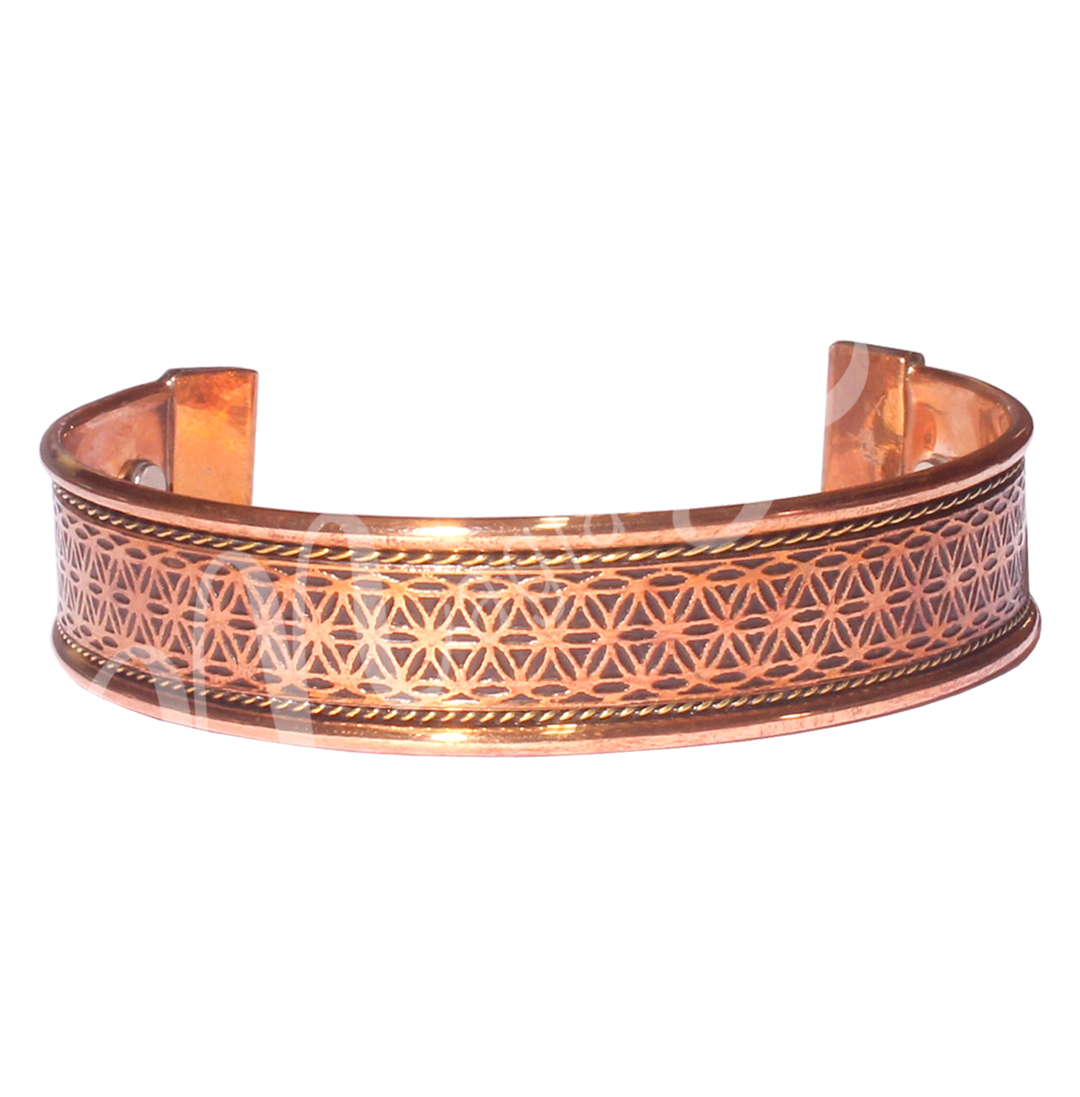 A copper bracelet featuring Flower of Life, with a durable and versatile style.