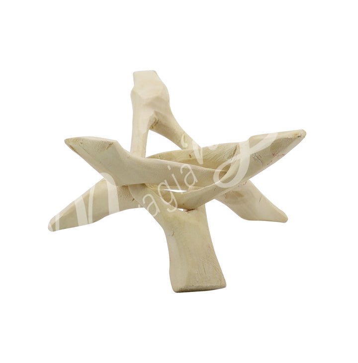 Light-colored carved wooden tripod stand with interlocking legs.