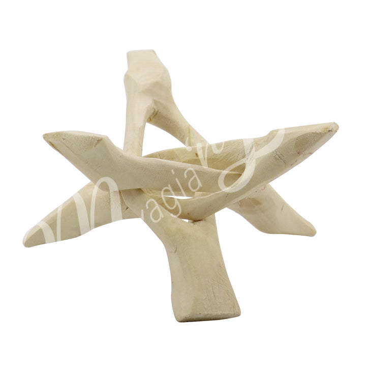 Light-colored carved wooden tripod stand with interlocking legs.