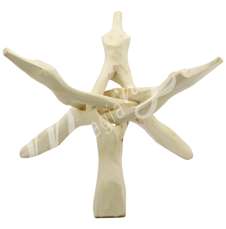 Light-colored carved wooden tripod stand with interlocking legs.