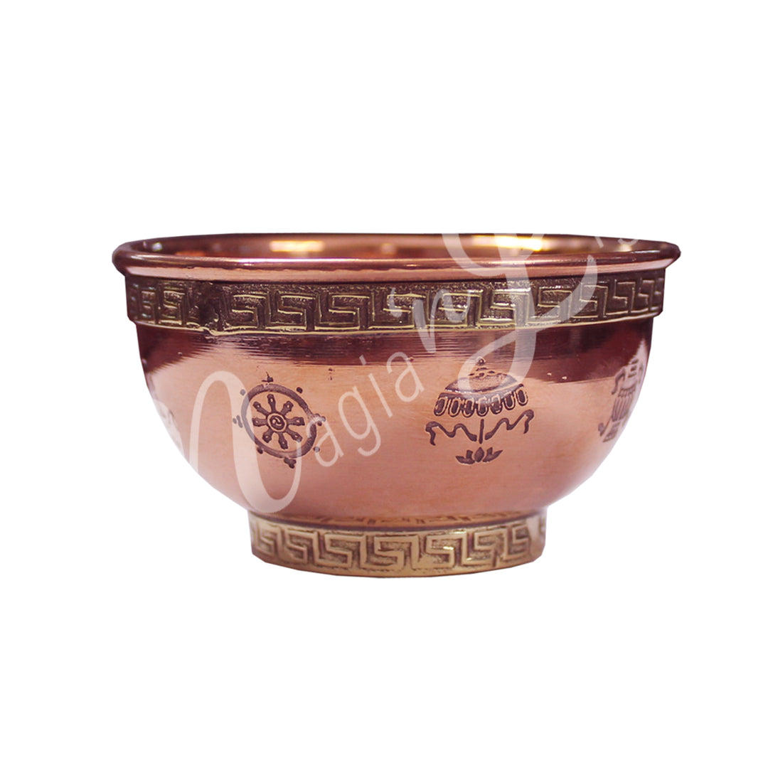 OFFERING BOWL COPPER 8 AUSPICIOUS SYMBOL 3″DIA