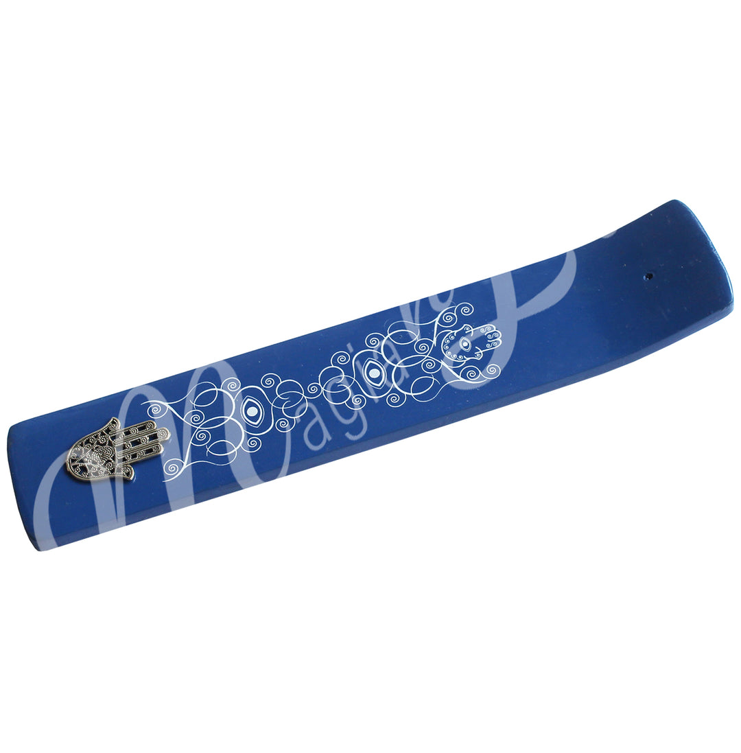 Incense Holder Wood Blue with Hand of Fatima 10"