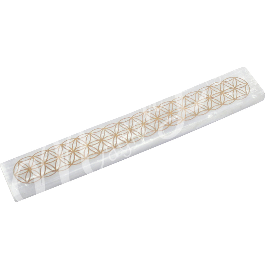 INCENSE HOLDER SELENITE ENGRAVED FLOWER OF LIFE WITH GOLD COLOR 10″L X 1.5″W