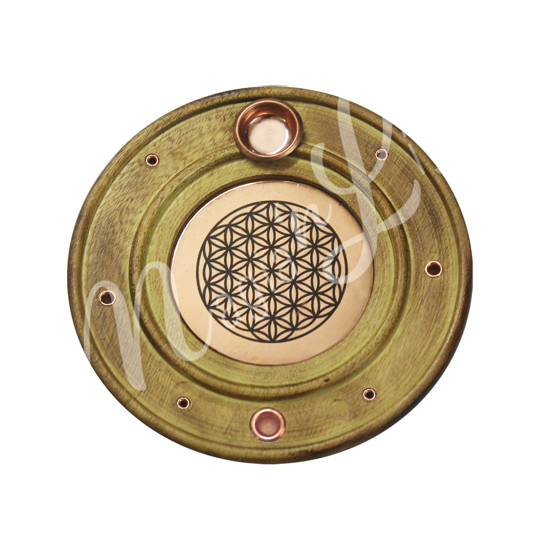 INCENSE HOLDER COPPER & WOOD ROUND FLOWER OF LIFE