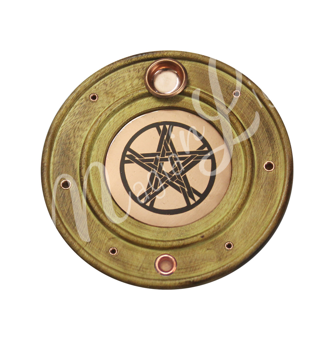 INCENSE HOLDER COPPER & WOOD ROUND PENTACLE