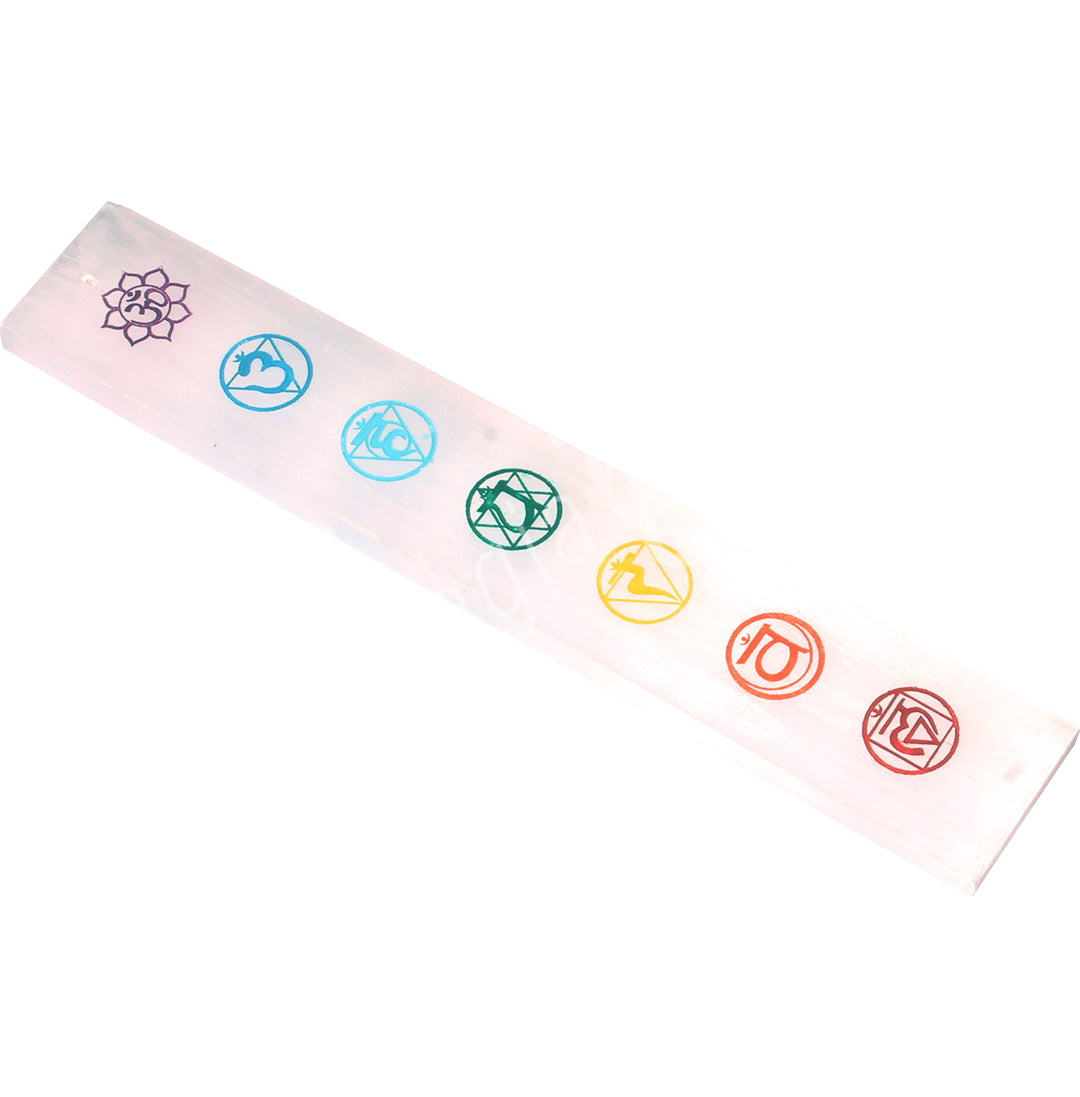 INCENSE HOLDER SELENITE CHAKRA WITH COLORS 10″L X 1.5″W
