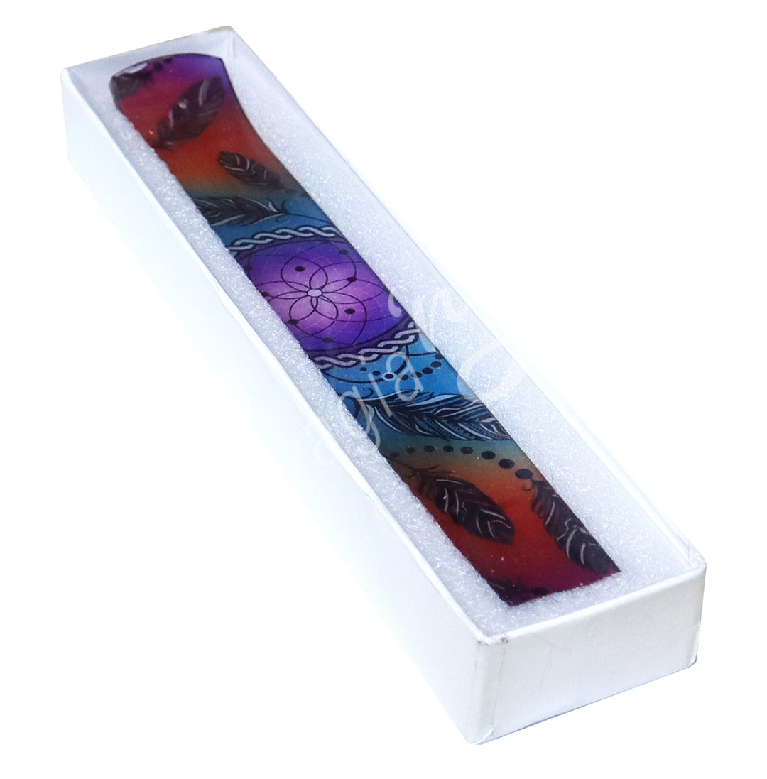 INCENSE HOLDER GLASS PRINTED DREAMFEATHERS 10 X 1.5″