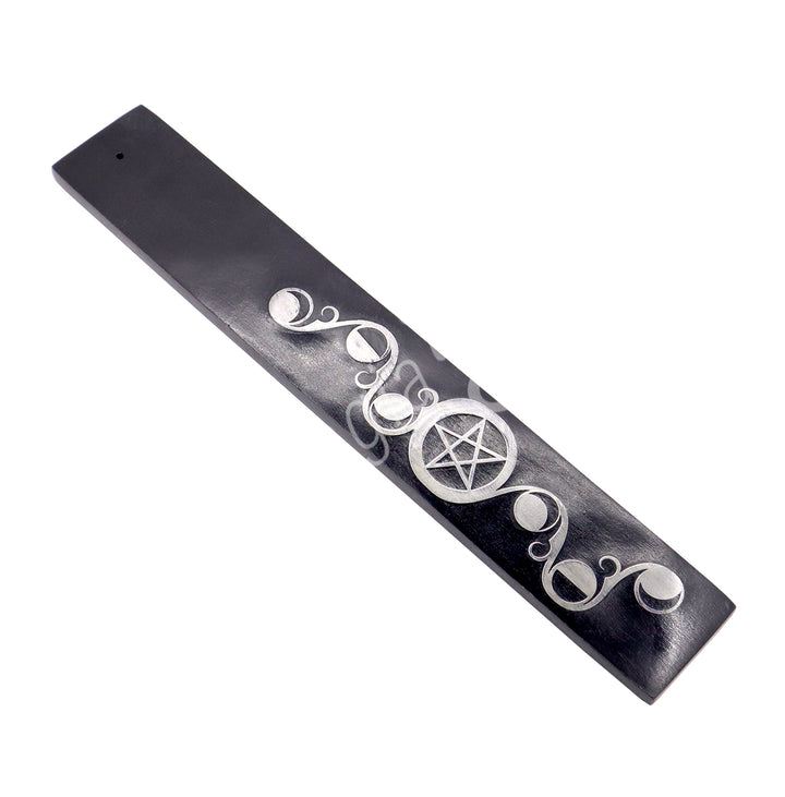 INCENSE HOLDER SOAPSTONE, BLACK TRIPLE MOON SILVER INLAY 10″L X 1.5″W