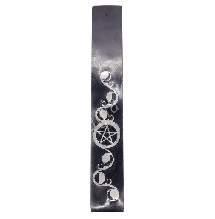 INCENSE HOLDER SOAPSTONE, BLACK TRIPLE MOON SILVER INLAY 10″L X 1.5″W