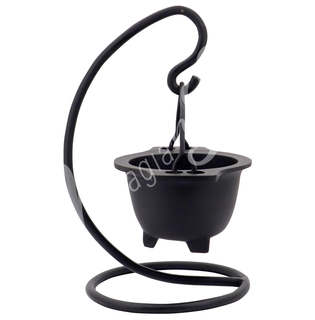 INCENSE HOLDER BLACK METAL HANGING BOWL WITH STAND 6″H