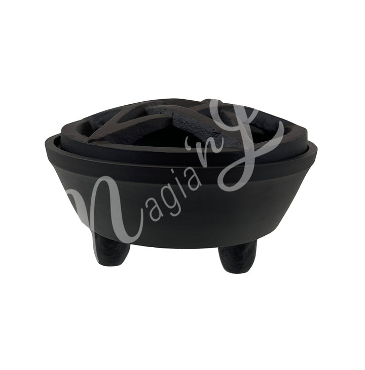 INCENSE HOLDER CAULDRON WITH PENTACLE LID CAST IRON 3.25″DIA