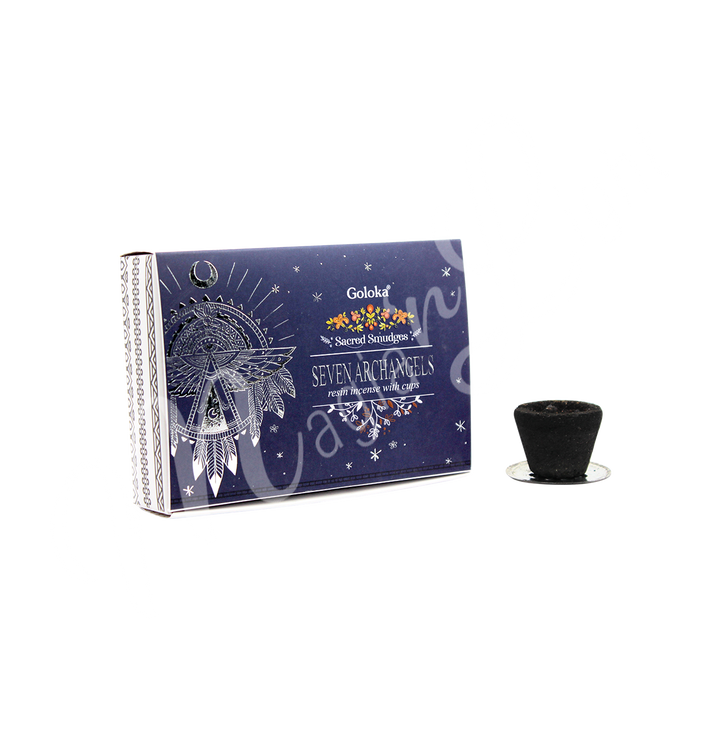 A dark blue Goloka box containing Resin Incense Sambrani cups and a black resin incense cup, featuring 7 Archangels, perfect for spiritual cleansing and aromatic meditation.