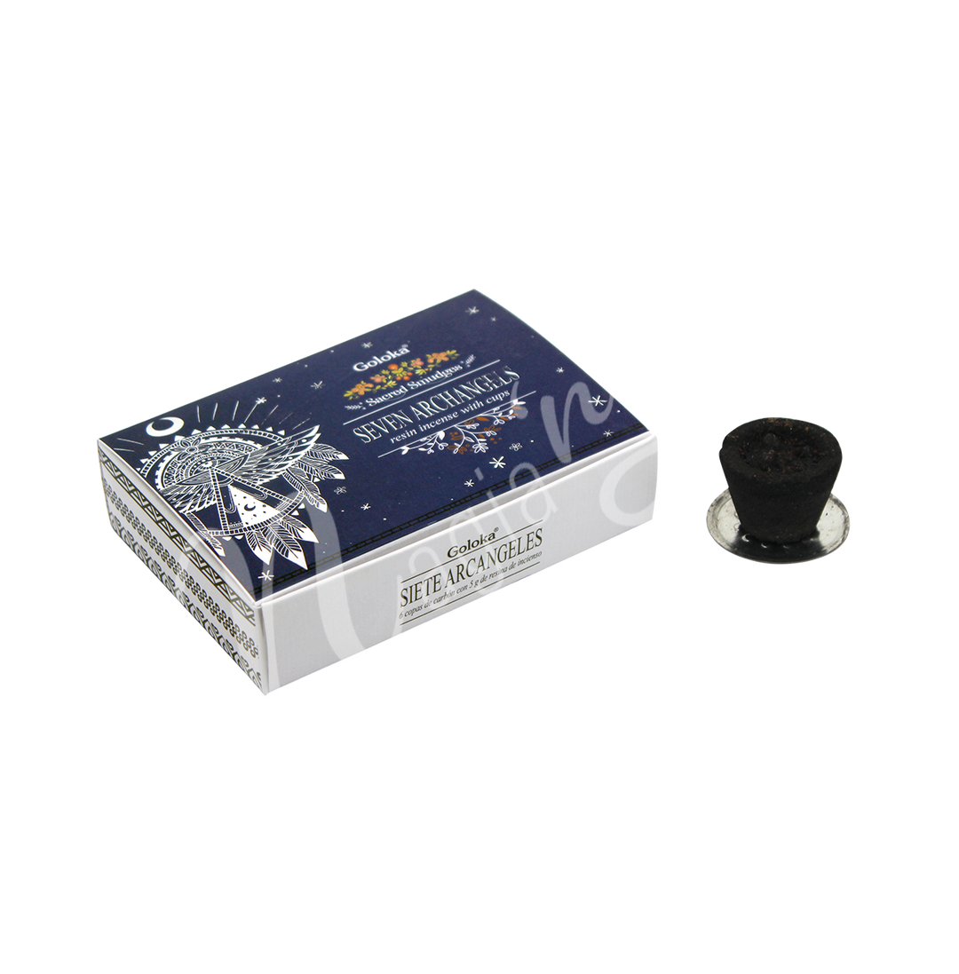 A dark blue Goloka box containing Resin Incense Sambrani cups and a black resin incense cup, featuring 7 Archangels, perfect for spiritual cleansing and aromatic meditation.