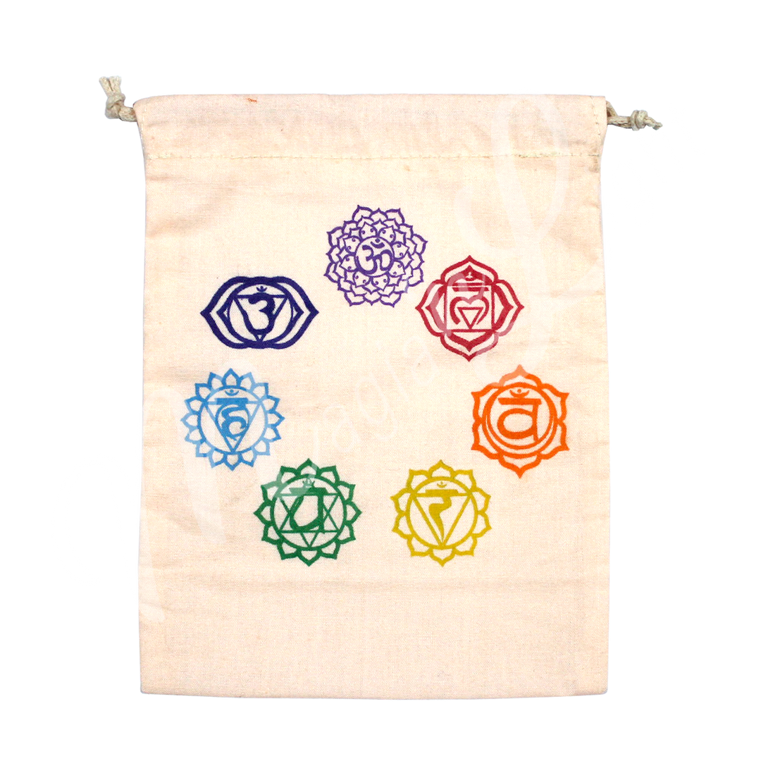 A cotton drawstring bag featuring a printed design of the seven chakra symbols, each in its respective color.