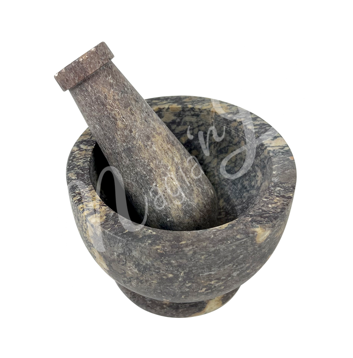 Natural soapstone mortar and pestle set. Seen with an other angle.