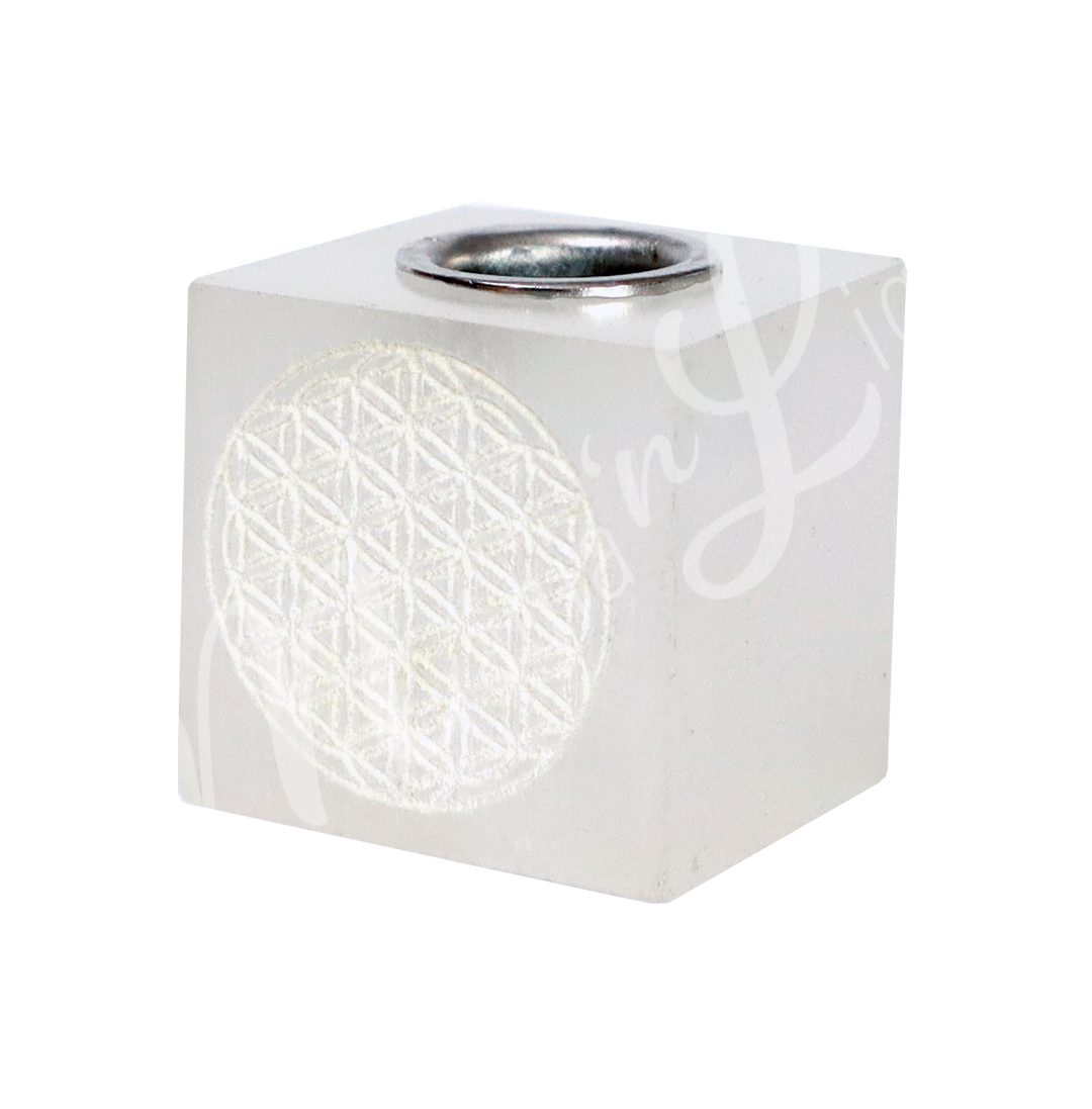 Mini Candle Holder Selenite Engraved w Flower of Life