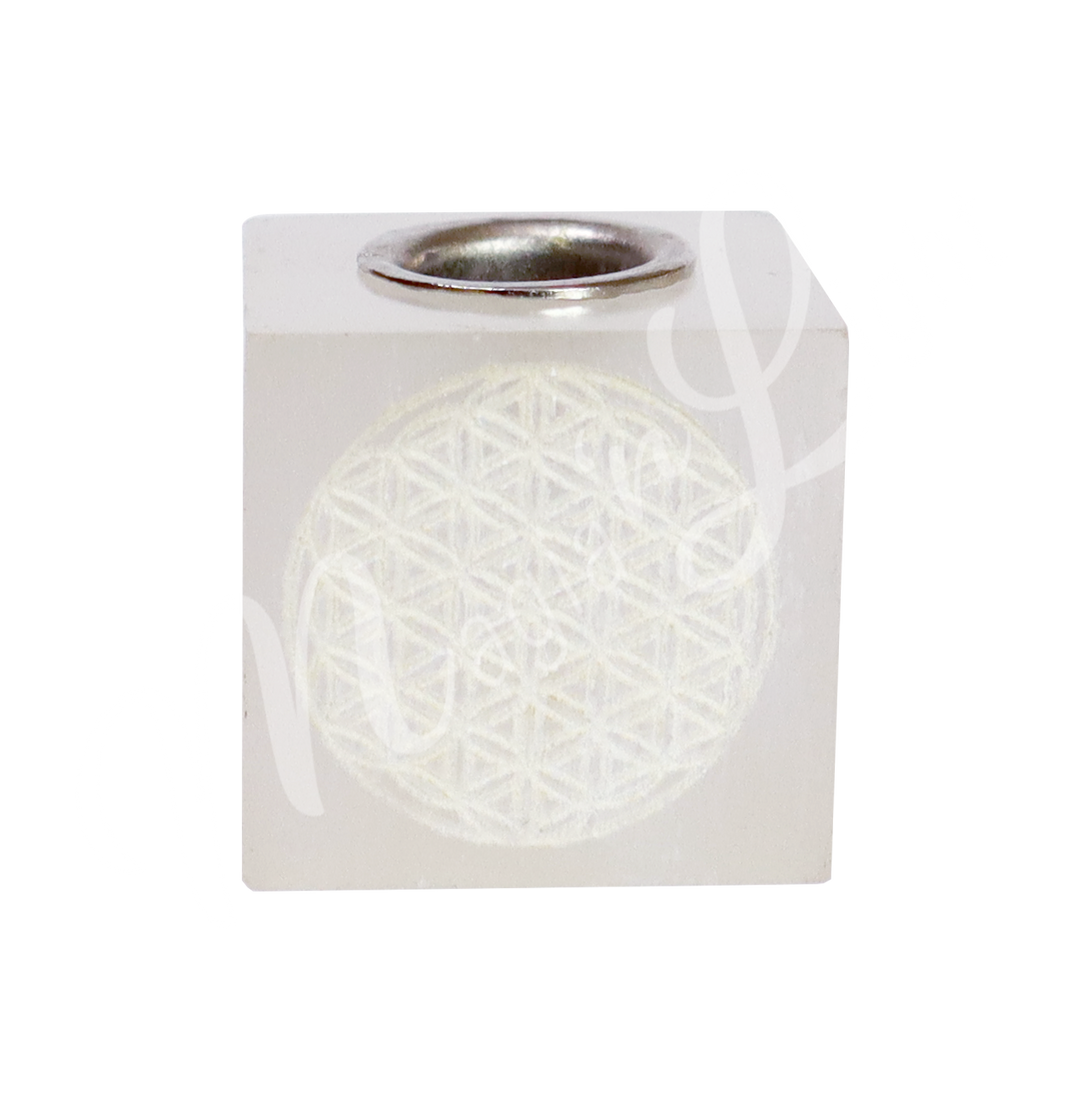 Mini Candle Holder Selenite Engraved w Flower of Life