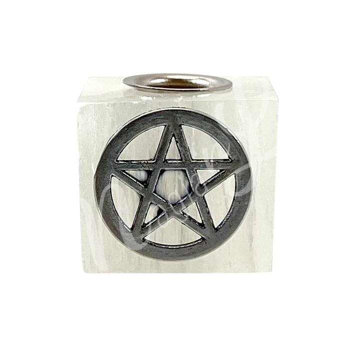 Mini Candle Holder Selenite w Pentacle