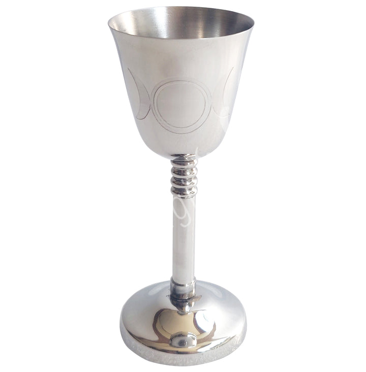Stainless Steel Chalice engraved with a triple moon. It measures 4.75" high X 2" in diameter.