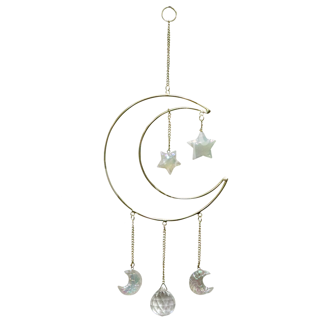 Golden crescent moon hanging ornament with crystal stars and faceted spheres suspended on delicate chains.
