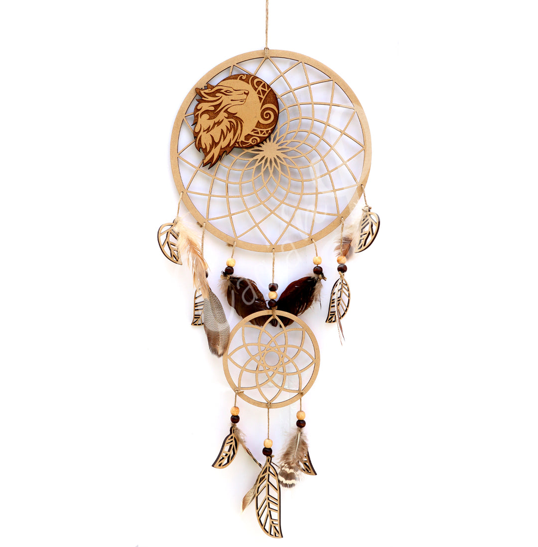 Wooden dreamcatcher with two circular web designs, wolf head carving, feathers, beads, and wooden leaf charms hanging below.
