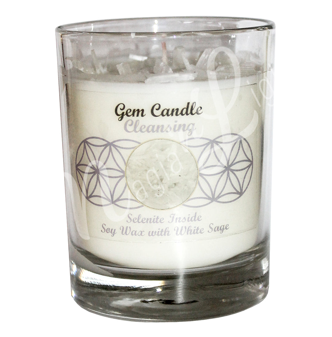 CLEANSING CANDLE SAGE WITH SELENITE 4"H X 3.25"DIA