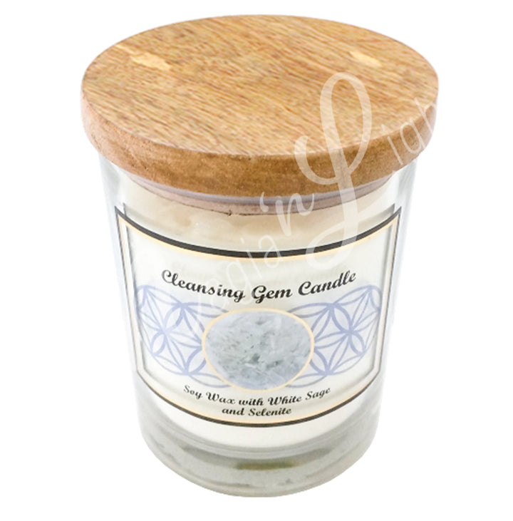 CLEANSING CANDLE SAGE WITH SELENITE 4"H X 3.25"DIA