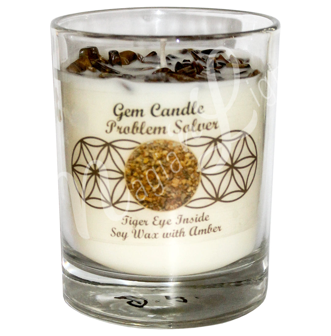 PROBLEM SOLVER CANDLE AMBER WITH TIGER EYE 4"H X 3.25"DIA