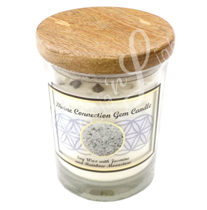 DIVINE CONNECTION CANDLE JASMINE WITH RAINBOW MOONSTONE 4"H X 3.25"DIA