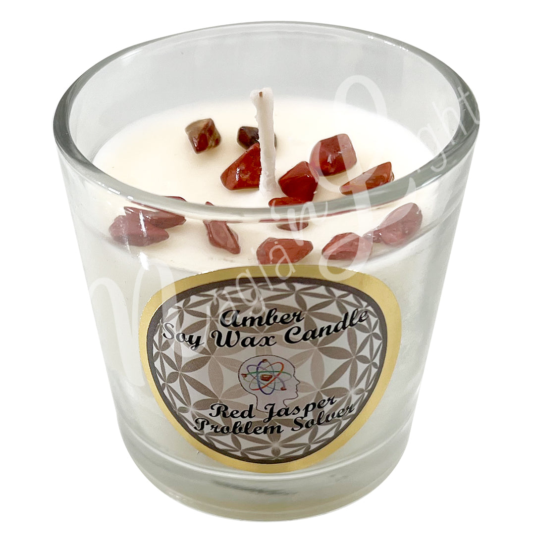 VOTIVE CANDLE AMBER WITH RED JASPER PROBLEM SOLVER 2.25-2.5″H X 2.25″DIA