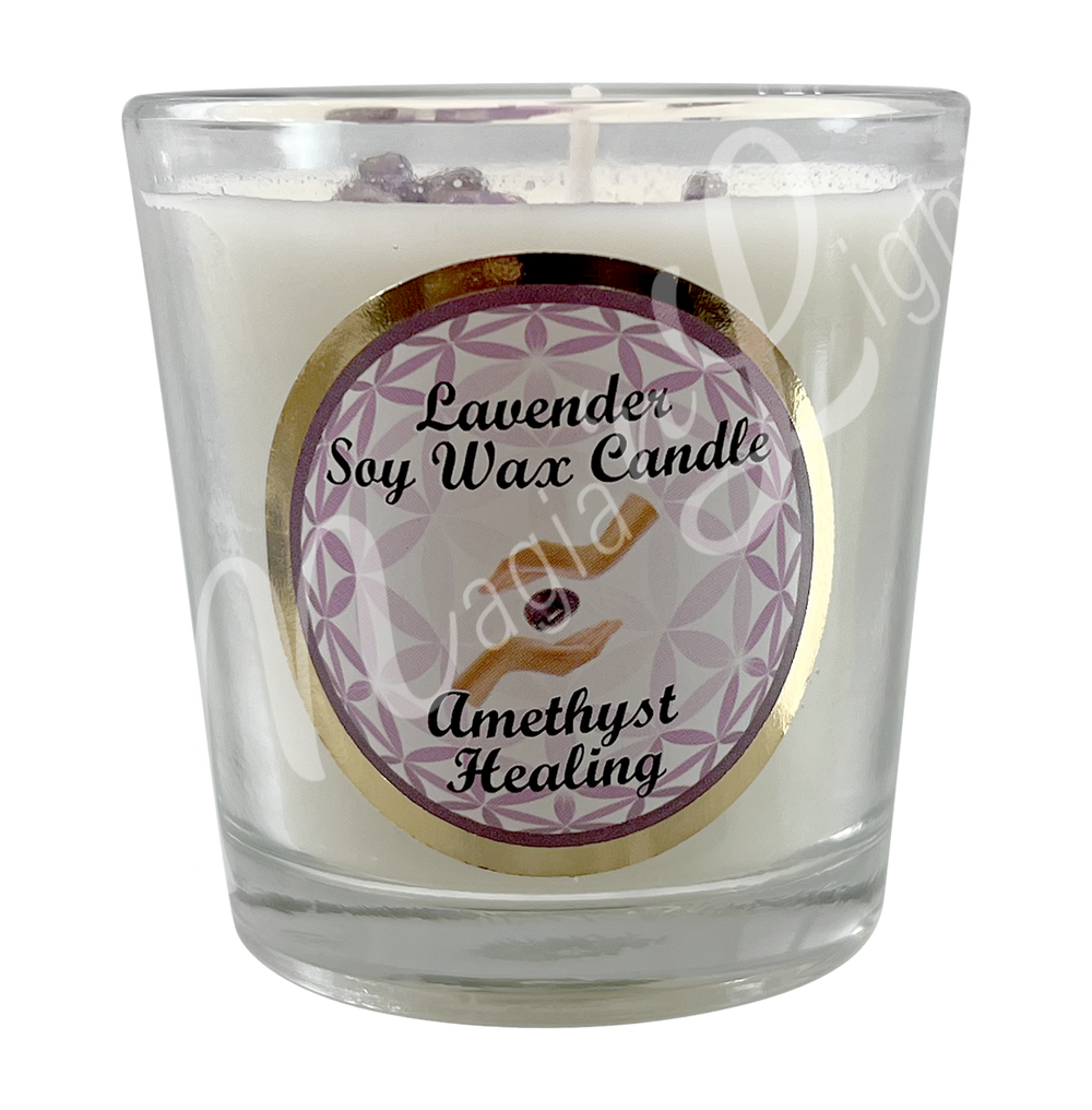 White soy wax candle in a glass holder, labeled "Lavender Soy Wax Candle – Amethyst, Healing.