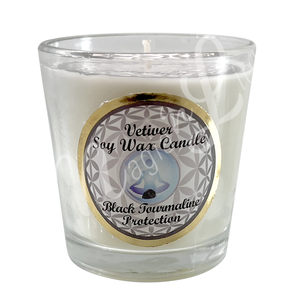 White soy wax candle in a glass holder, labeled "Vetiver Soy Wax Candle – Black Tourmaline, Protection.