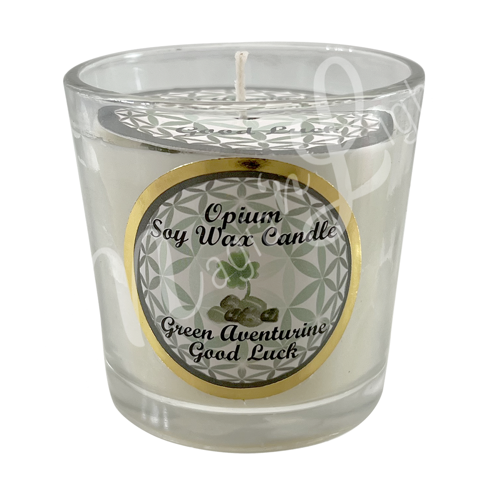 White soy wax candle in a glass holder, labeled "Opium Soy Wax Candle – Green Aventurine, Good Luck