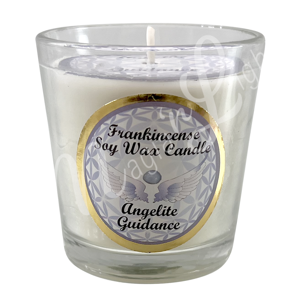 White soy wax candle in a glass holder, labeled "Frankincense Soy Wax Candle – Angelite Guidance.