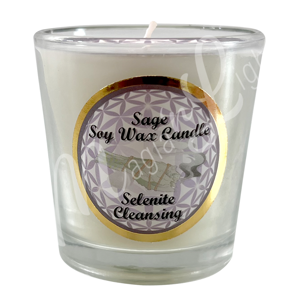 White soy wax candle in a glass holder, labeled "Sage Soy Wax Candle – Selenite, Cleansing.